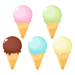 Set of colorful cartoon ice cream cones