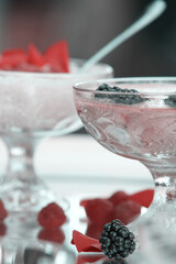 Creative food photography concept. Raspberry smoothie.  Healthy vegetarian food. 