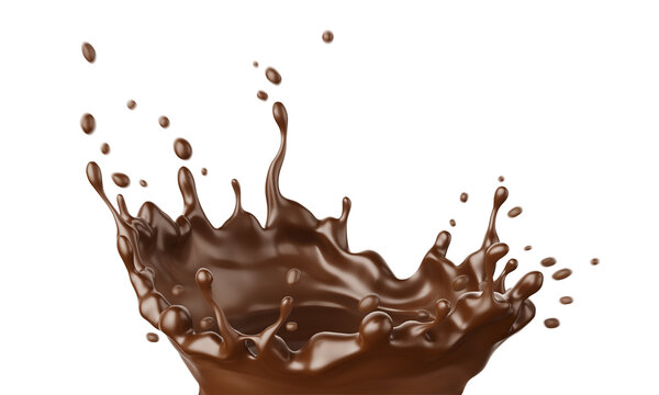 Milk Chocolate fluid splash crown flow with bubbles and drops isolated on white background. Clipping path included. Melted hot chocolate drink for sweet food packaging design. 3d illustration.