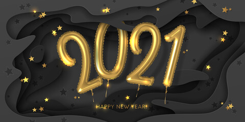 Vector festive horizontal banner with text Happy New Year and realistic number 2021 shaped balloons, star golden confetti and 3D paper cutout black background. Holiday luxury layout with carving art.