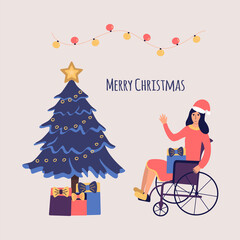 Girl in wheelchairs are celebrating Christmas and New Year. Christmas tree with gifts. Santa Claus hats. Garland. Disabled girl smiling happily and waving her hand.Colorful cartoon vector illustration