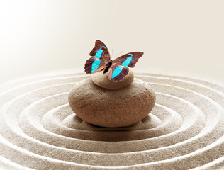 Fototapeta na wymiar zen garden meditation stone background and butterfly with stones and circles in sand for relaxation balance and harmony