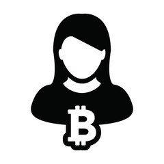 Crypto icon vector bitcoin digital currency symbol with female person profile avatar for wallet in a glyph pictogram illustration