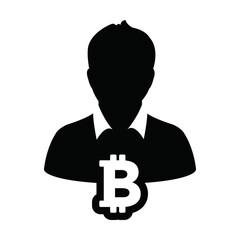 Blockchain icon vector for bitcoin cryptocurrency with male person profile avatar for digital wallet in a glyph pictogram illustration