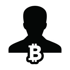 Cryptocurrency icon vector bitcoin blockchain with male person profile avatar for digital wallet in a glyph pictogram illustration