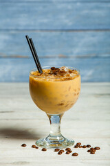 Cocktails and soft drinks. Fruit juice cocktail drink. assorted cocktail drinks. Different cold refreshing cocktails on wooden table