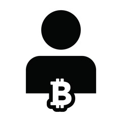 Currency icon vector bitcoin cryptocurrency blockchain with male person profile avatar for digital wallet in a glyph pictogram illustration