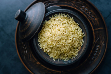 Basmati rice groats in a clay pot on a dark background