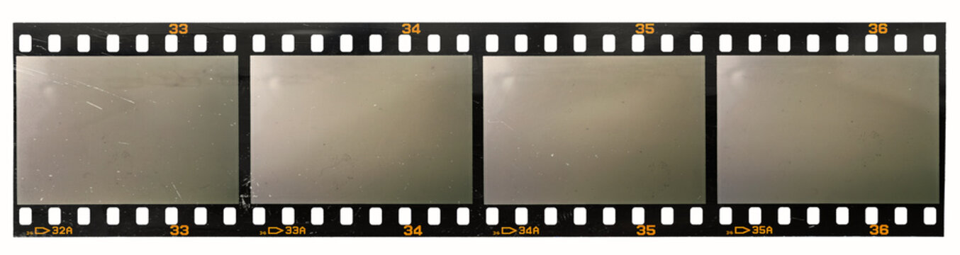 long blank or empty 35mm dia positive film strip or snip on white. nice poster or design element.