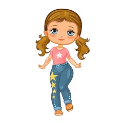 Cute little girl in jeans with stars. Cheerful funny child in a good mood. The isolated object on a white background. Young baby in beachwear. Cartoon flat style. Vector