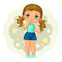 A cute little girl in shorts and a T-shirt. Cheerful funny child in a good mood. The isolated object on a white background. Young baby. Cartoon flat style. Asterisks. Vector