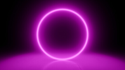 Circle neon purple light in black hall room. Abstract geometric background. Futuristic concept. Glowing in concrete floor room with reflections. 3d rendering