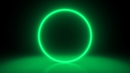 Circle neon green light in black hall room. Abstract geometric background. Futuristic concept. Glowing in concrete floor room with reflections. 3d rendering