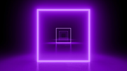 Square neon purple light in black hall room. Abstract geometric background. Corridor of forms.