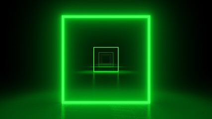 Square neon green light in black hall room. Abstract geometric background. Corridor of forms.