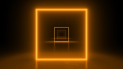 Square neon orange light in black hall room. Abstract geometric background. Corridor of forms.