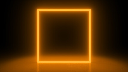 Square neon orange light in black hall room. Abstract geometric background. Futuristic concept. Glowing in concrete floor room with reflections. 3d rendering