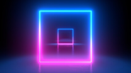 Neon light frames glowing in duotone colors. Pink and blue. Abstract geometric background. Energy square. Futuristic concept. Glowing in concrete floor room with reflections. 3d rendering