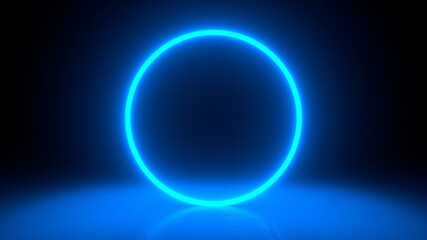 Circle neon blue light in black hall room. Abstract geometric background. Futuristic concept. Glowing in concrete floor room with reflections. 3d rendering