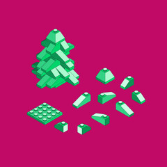 Spruce of blocks. Isometric constructor. Blocks and elements to create funny figures. Flat design.