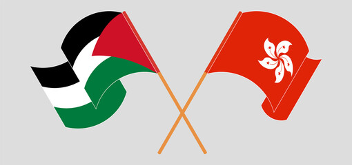 Crossed and waving flags of Palestine and Hong Kong