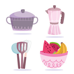 cooking, icons pot, kettle, bowl and fruits style