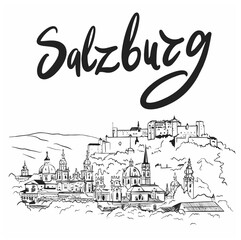 Salzburg Fortress sketch. Salzburg hand drawn illustration isolated on white background. Vector illustration eps10.Hand drawn illustration for cards, posters, stickers and professional design. - obrazy, fototapety, plakaty