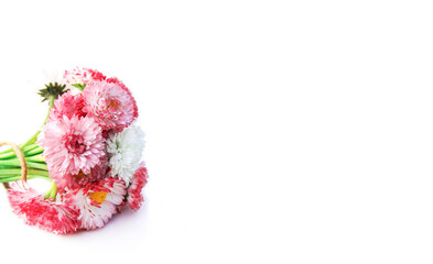 Bouquet of garden daisies with a red ribbon in a pot on a rough table. Blurred background.