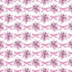 Watercolor pink poinsettia and festive bows seamless pattern. Christmas flower background. Holiday pink pattern
