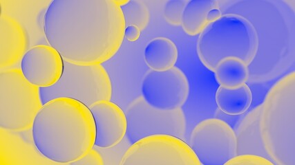 Abstract colorful bubbles. Blue and yellow gradient background advertisement. Modern trendy banner or poster design. Dynamic bouncing balls and copy space for text. 3d rendering