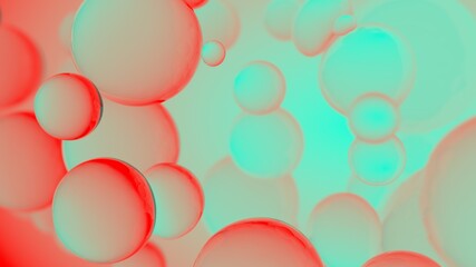 Abstract colorful bubbles. Red and green gradient background advertisement. Modern trendy banner or poster design. Dynamic bouncing balls and copy space for text. 3d rendering