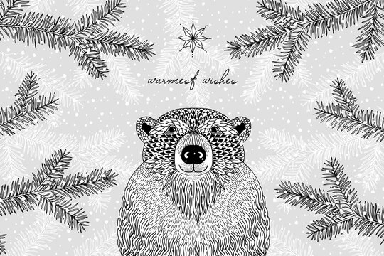 Black and white illustration of a cute furry bear in winter - Hand drawn Christmas card template - Warmest Wishes