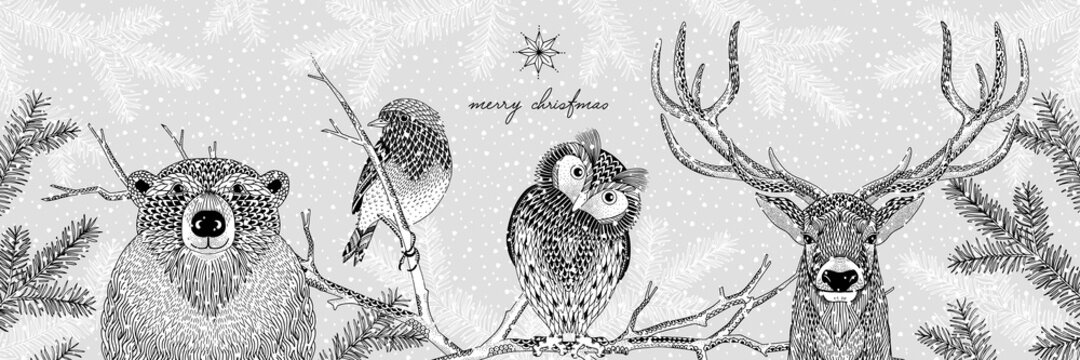 Black and white illustration of cute forest animals in winter - Hand drawn Christmas banner - Merry Christmas