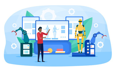 Modern business innovative technology exhibition. Man showing new technologies of gadgets, robots and digital device. Advertising products at trade fair or exhibition. Flat cartoon vector illustration