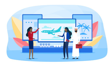 Obraz premium Concept of travel exhibition. Woman showing new tourist places, resorts, vacation tours to investors. Advertising products stand or service at fair or exhibition. Flat cartoon vector illustration