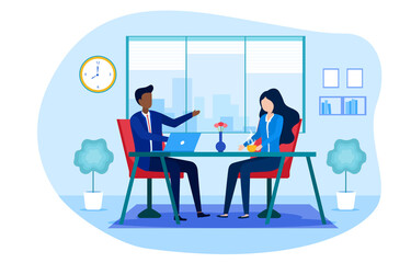 Business people have meeting in business office. Businessman and businesswoman sitting at desk and talking. Cartoon flat vector illustration