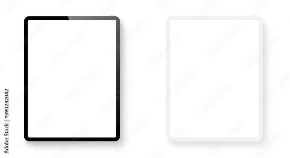 Poster realistic tablet computer mockup set. tablet pc clay and realistic mockup front view with shadow. el