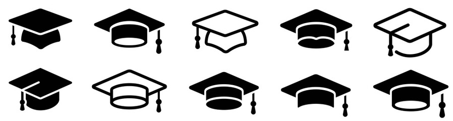 Fototapeta Graduation hat cap icons set. Academic cap. Graduation student black cap and diploma - stock vector. obraz