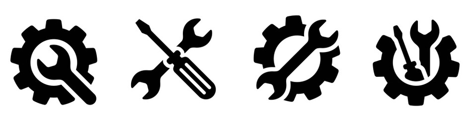 Service icons set. Wrench, screwdriver and gear icon. Screwdriver and wrench glyph icon. Settings and repair, service sign - stock vector. - obrazy, fototapety, plakaty