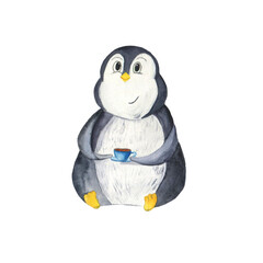 Plump penguin with a Cup of tea, watercolor, cozy. Pet cute penguin with hot tea, for children's book, wrapping paper, children's room design, stickers, scrapbooking