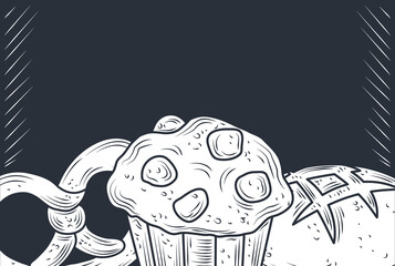 baked muffin pretzel and bun bread icon sketch isolated on black background