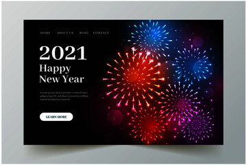 realistic new year landing page template with fireworks on the background