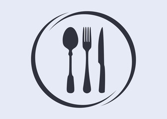 Plate logo with knife, fork and spoon on light blue background.