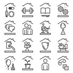 A set of 16 line icons of household chores that include sports, work, play and more. Spending time in quarantine. Isolated vector on white background.