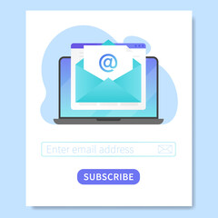 Subscribe to our newsletter web banner template. Laptop with opened browser page and envelope with new letter. Mail marketing, correspondence service delivery registration banner