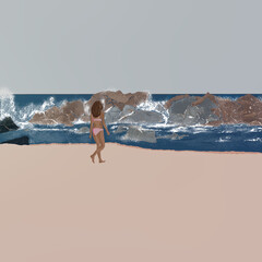 Fototapeta Młoda kobieta w stroju kąpielowym spacerująca po plaży  w słonecznej Kalifornii obraz