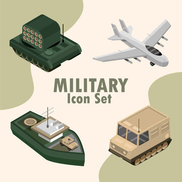 military icon set include plane, tank, ship