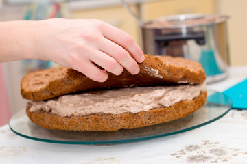 Working process of baking cake at home. Close up of female hand topping cream on chocolate biscuit. Culinary and delicious dessert concept.
