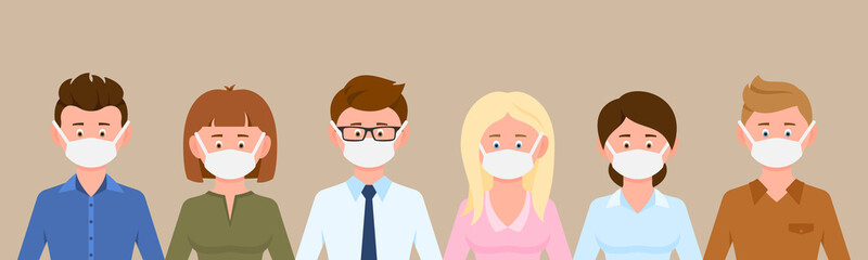 Cartoon character man and woman wearing medical masks protecting disease, flu vector illustration set. Group of male and female people preventing corona virus infection background