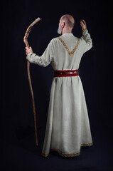 Old wise wizard holds a wooden magic staff